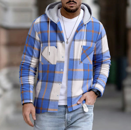 Herren kariertes Hemd Jacke mit Kapuze, Knopfleiste und Brusttaschen EB