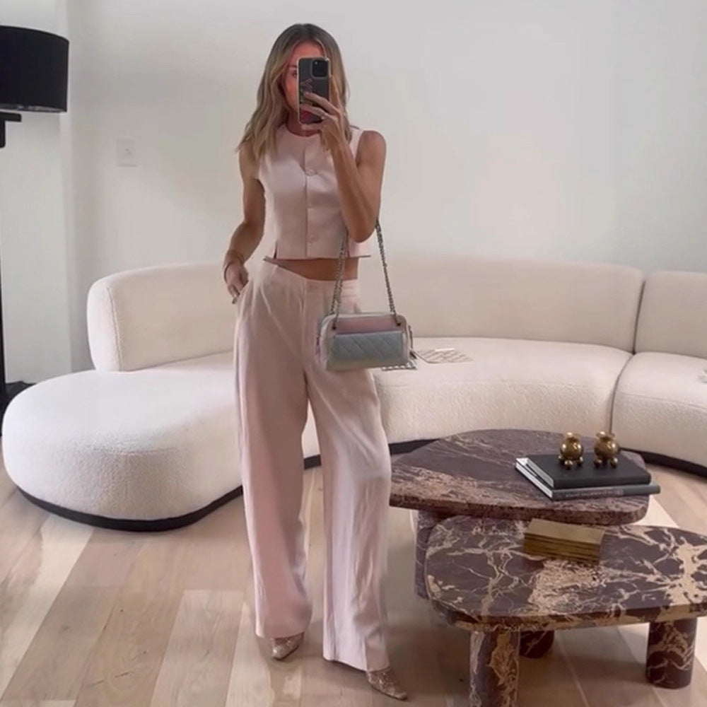 Damen Hochtaillierte weite Sommerhose mit Bügelfalte und Eingrifftaschen Shop Nory