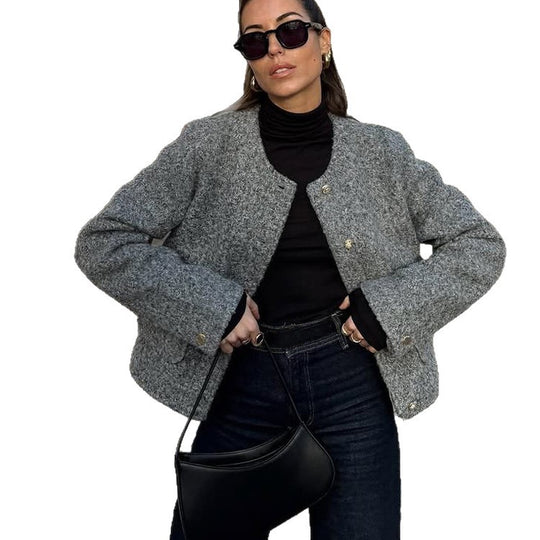 Damen Boxy Wollmix-Boucléjacke im Cabanstil mit Rundhalsausschnitt & goldfarbenen Zierknöpfen Shop Nory