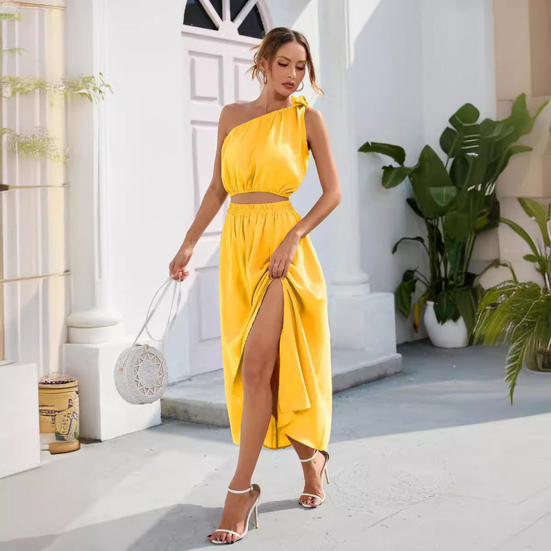 Damen Abendkleid mit schulterfreiem Design und hohem Schlitz Shopnory
