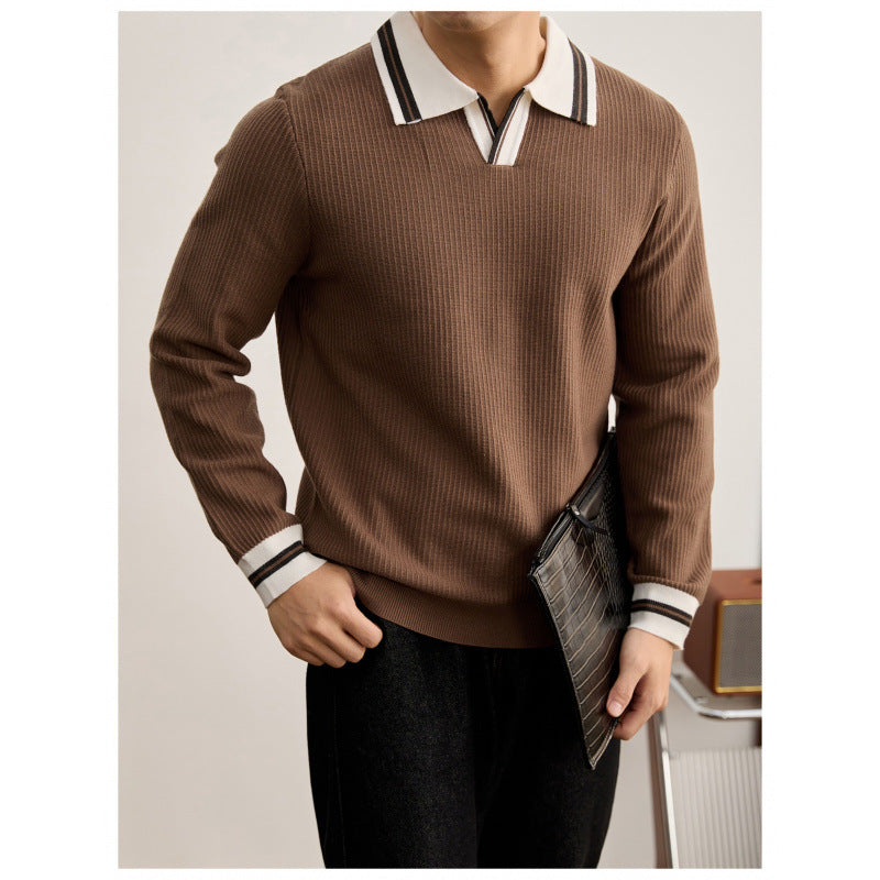 Herren Feinstrick-Polo mit V-Ausschnitt, gerippter Struktur und kontrastierenden Bündchen Shop Nory