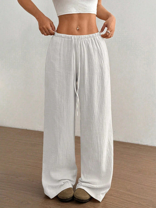 Damen Weite Baumwoll-Gauze-Hose mit hohem Bund, Gummizug und Kordelzug Shop Nory