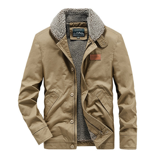 Herren kernige Canvas‑Workerjacke mit voluminösem Sherpa‑Innenfutter und hochschließendem Kragen Shop Nory