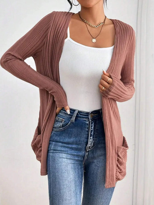 Damen Gerippter Langcardigan mit offener Front, Eingrifftaschen und legerer Passform Shop Nory