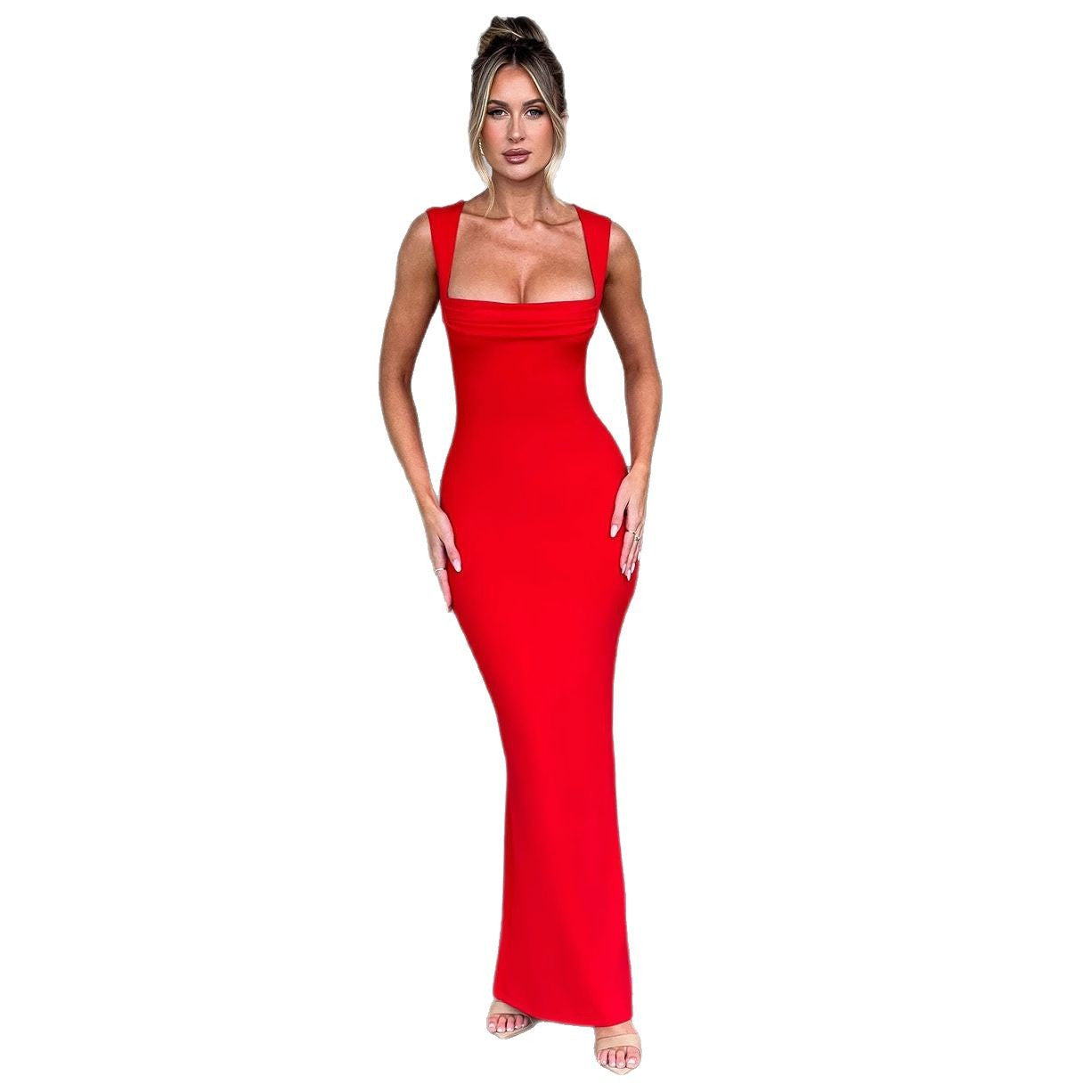 Damen Elegantes Langarm-Bodycon-Kleid mit quadratischem Ausschnitt und figurbetontem Schnitt