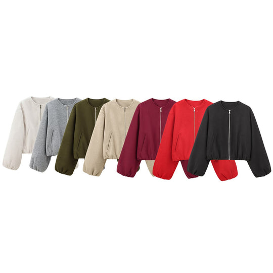 Damen nan kurze Wollmix-Bomberjacke mit Rundhalsausschnitt, verdecktem Reißverschluss, elastischem Saum und überschnittenen Ärmeln Shop Nory