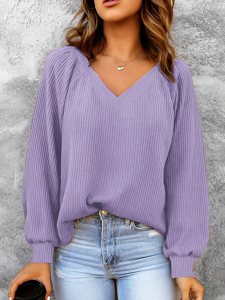 Damen Feinstruktur-Strickpullover mit V-Ausschnitt, Ballonärmeln und Rippbündchen Shop Nory