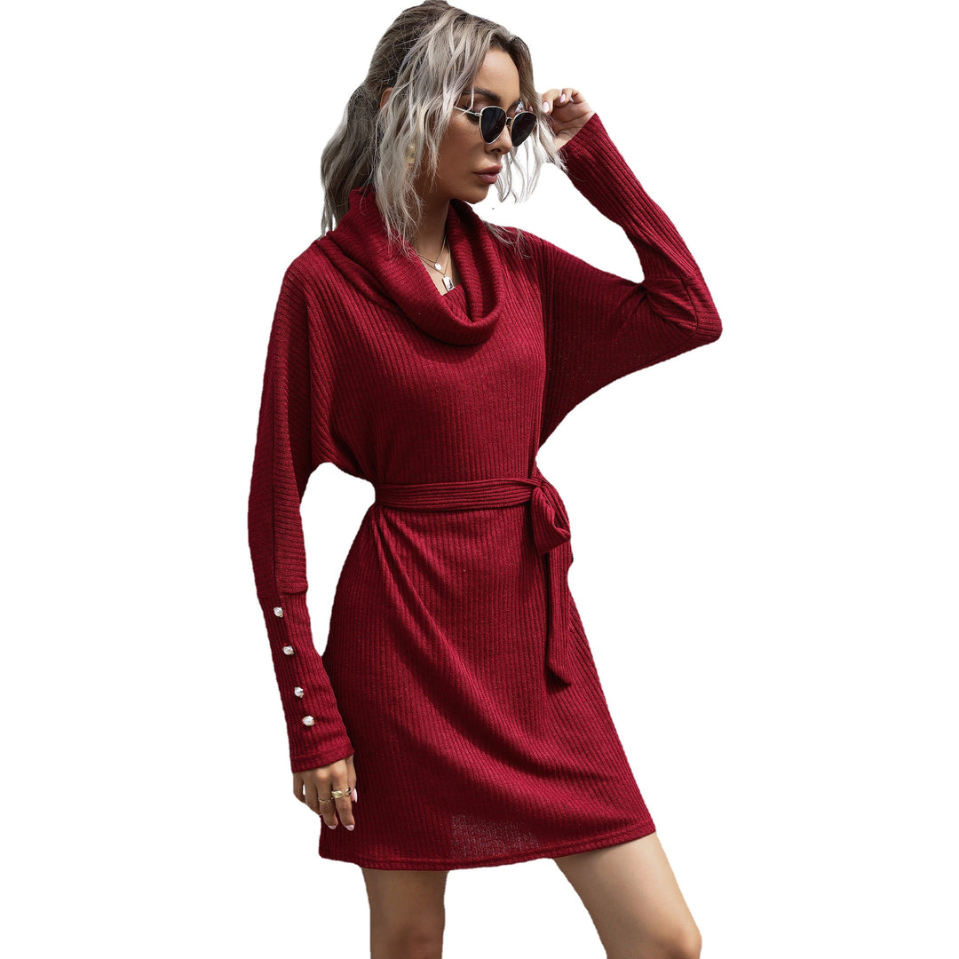 Damen Strickkleid mit weitem Rollkragen, Bindegürtel und Oversize-Ärmeln Shop Nory