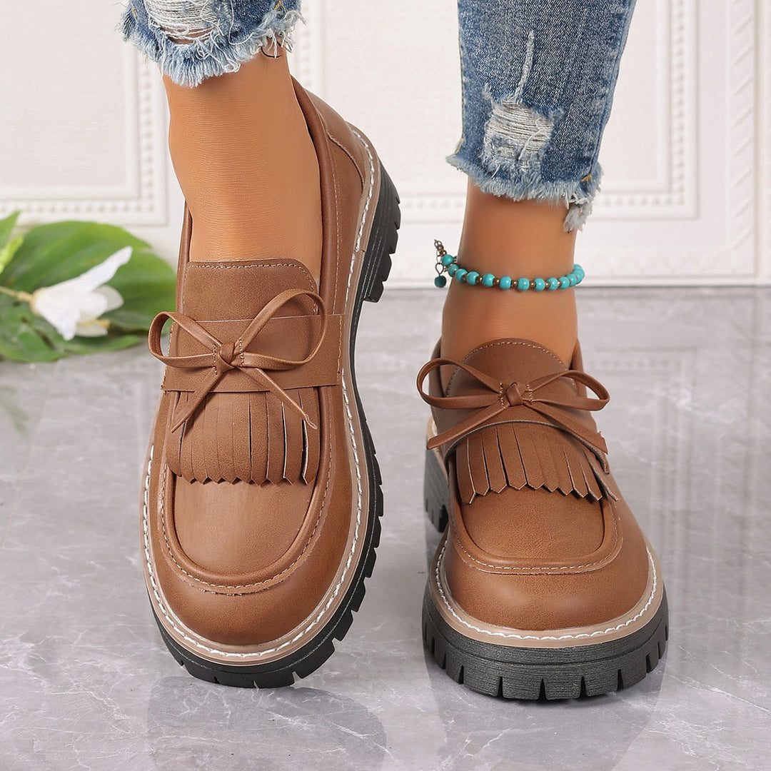 Damen modische Fransen-Loafer mit dekorativer Schleife und grober Profilsohle Shop Nory