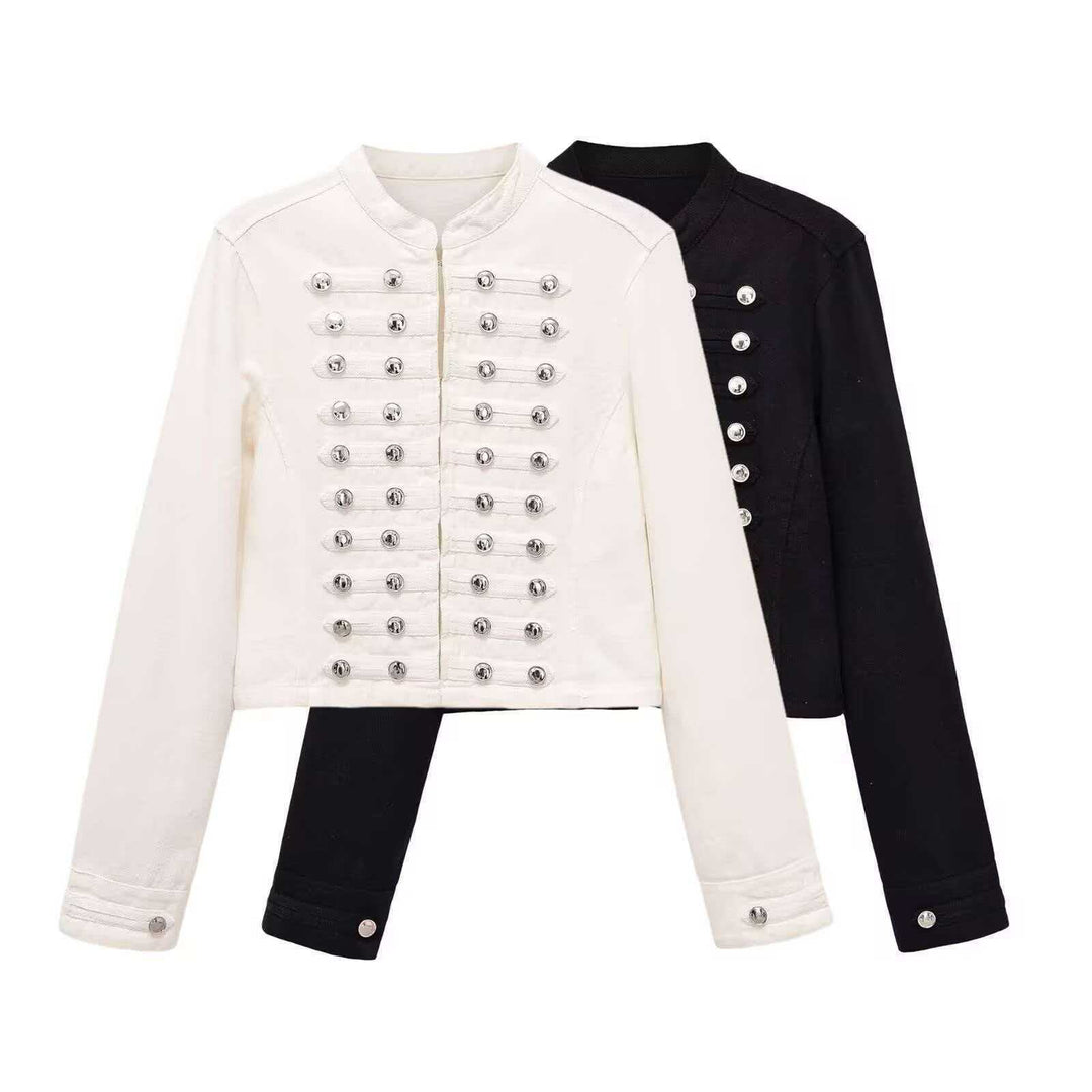 Damen Jeansjacke im Military‑Stil mit Reihenknöpfen und Stehkragen Shop Nory