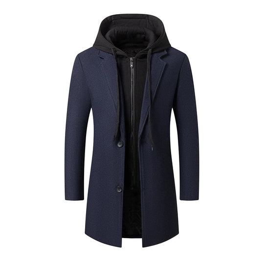 Herren Langer Wollmix-Übermantel mit integrierter Kapuzen-Innenjacke und Zwei-Wege-Reißverschluss Shop Nory