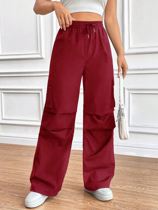 Damen Weite High‑Waist Cargo‑Hose mit Elastikbund und großen Klappentaschen Shop Nory