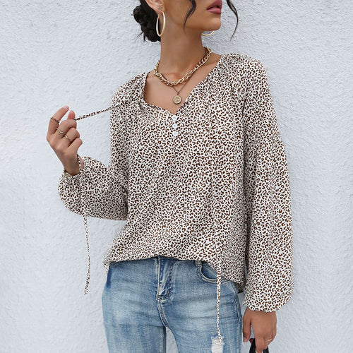 Damen Legere Tunika-Bluse mit feinem Leopardenprint, Knopfleiste und Ballonärmeln Shop Nory