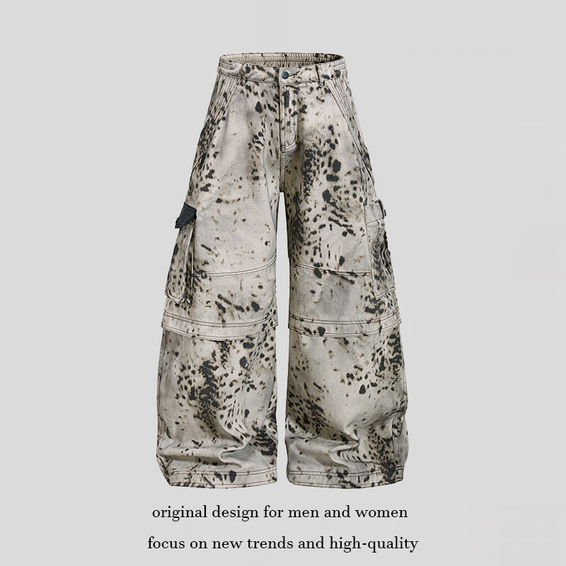 Damen weite Cargo-Culotte-Hose mit Batik-Splatterprint und Multi-Taschen Shop Nory