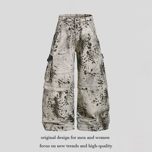 Damen weite Cargo-Culotte-Hose mit Batik-Splatterprint und Multi-Taschen Shop Nory