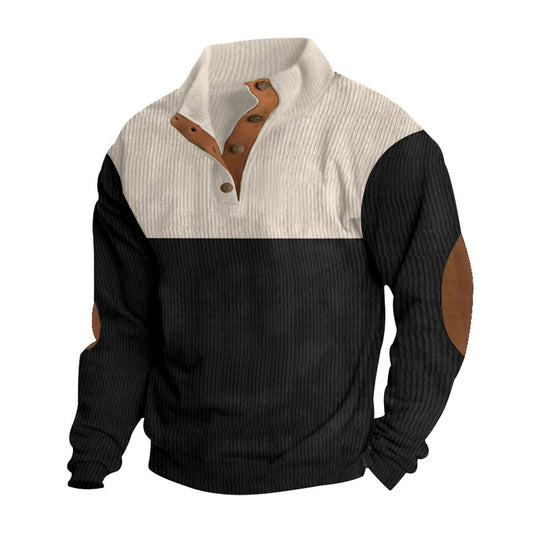 Herren Gerippter Halbkragen‑Henley‑Pullover mit Knopfleiste und Leder‑Ellbogenpatches Shop Nory