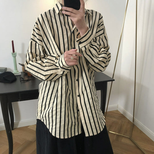 Damen Gestreifte Oversize-Hemdbluse mit Tropfenärmeln und Knopfmanschetten Shop Nory