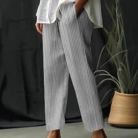 Damen gestreifte Leinen-Optik-Hose mit hohem Bund, Kordelzug und geradem, cropped Schnitt Shop Nory