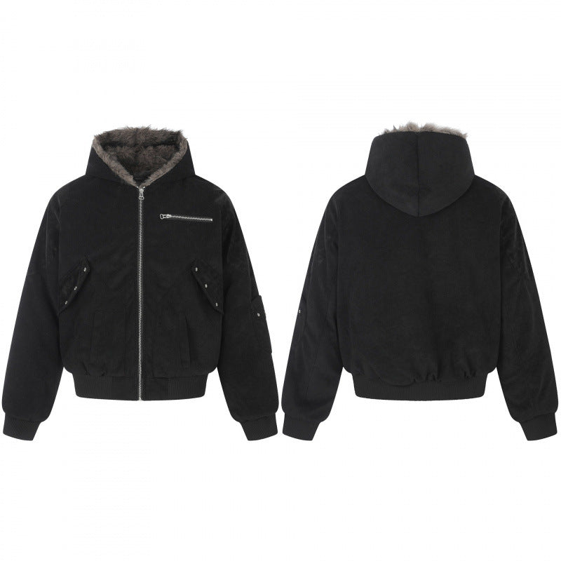 Unisex Oversize-gefütterte Kapuzen-Blousonjacke aus Velourslederimitat mit Teddyfutter Shop Nory