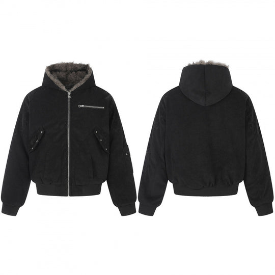 Unisex Oversize-gefütterte Kapuzen-Blousonjacke aus Velourslederimitat mit Teddyfutter Shop Nory