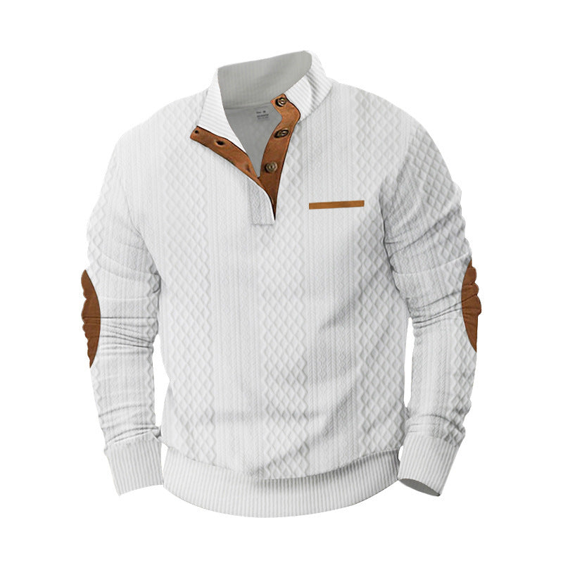 Herren nan strukturierter Stehkragen-Pullover mit halber Knopfleiste und Ellbogen-Patches Shop Nory