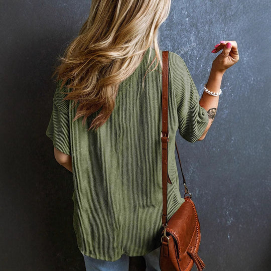 Damen Lässiges Rippstrick Oversize T-Shirt mit V-Ausschnitt und Brusttasche Shop Nory