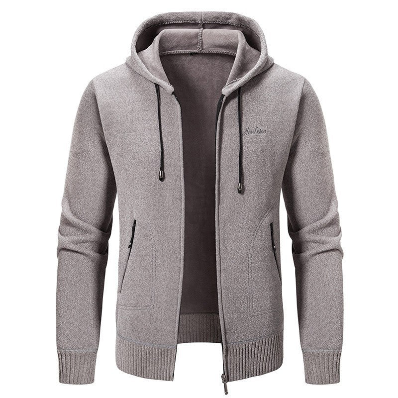 Herren warme Strickoptik-Zipjacke mit Teddyfutter, Kapuze und verdeckten Reißverschlusstaschen Shop Nory