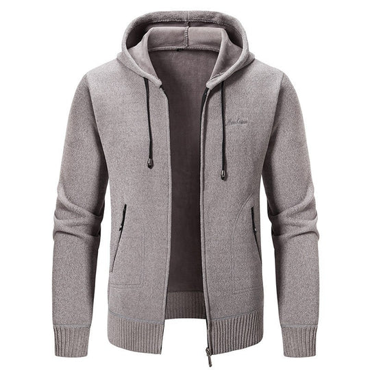 Herren warme Strickoptik-Zipjacke mit Teddyfutter, Kapuze und verdeckten Reißverschlusstaschen Shop Nory