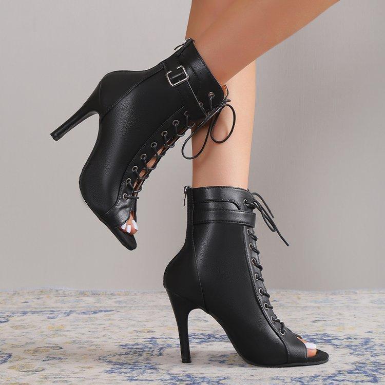 Damen Schnürstiefeletten mit offener Zehenpartie und hohem Absatz