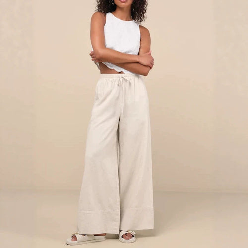 Damen Weite Leinenhose mit elastischem Bund und seitlichen Taschen