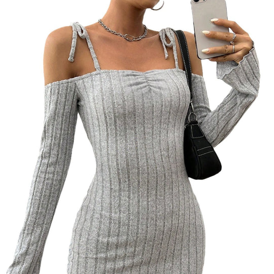Damen geripptes One-Shoulder-Strickminikleid mit Bindeträgern taillierter Bodycon-Passform Shop Nory