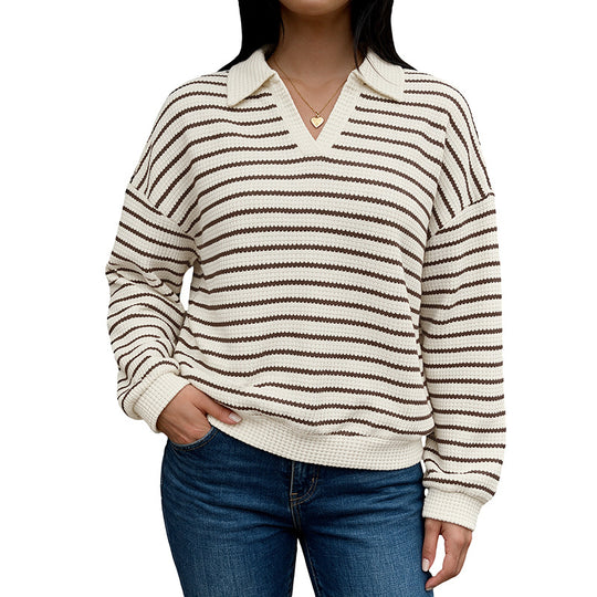 Damen Stylischer V-Ausschnitt Pullover mit Streifen Shop Nory