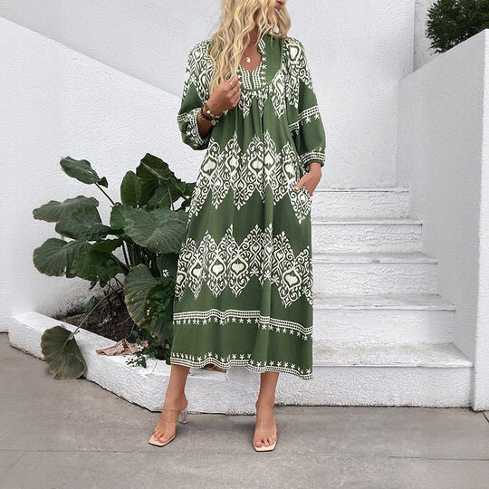 Damen Langes Boho‑Maxikleid mit lockerer A‑Linie, U‑Ausschnitt und aufgesetzten Taschen Shop Nory