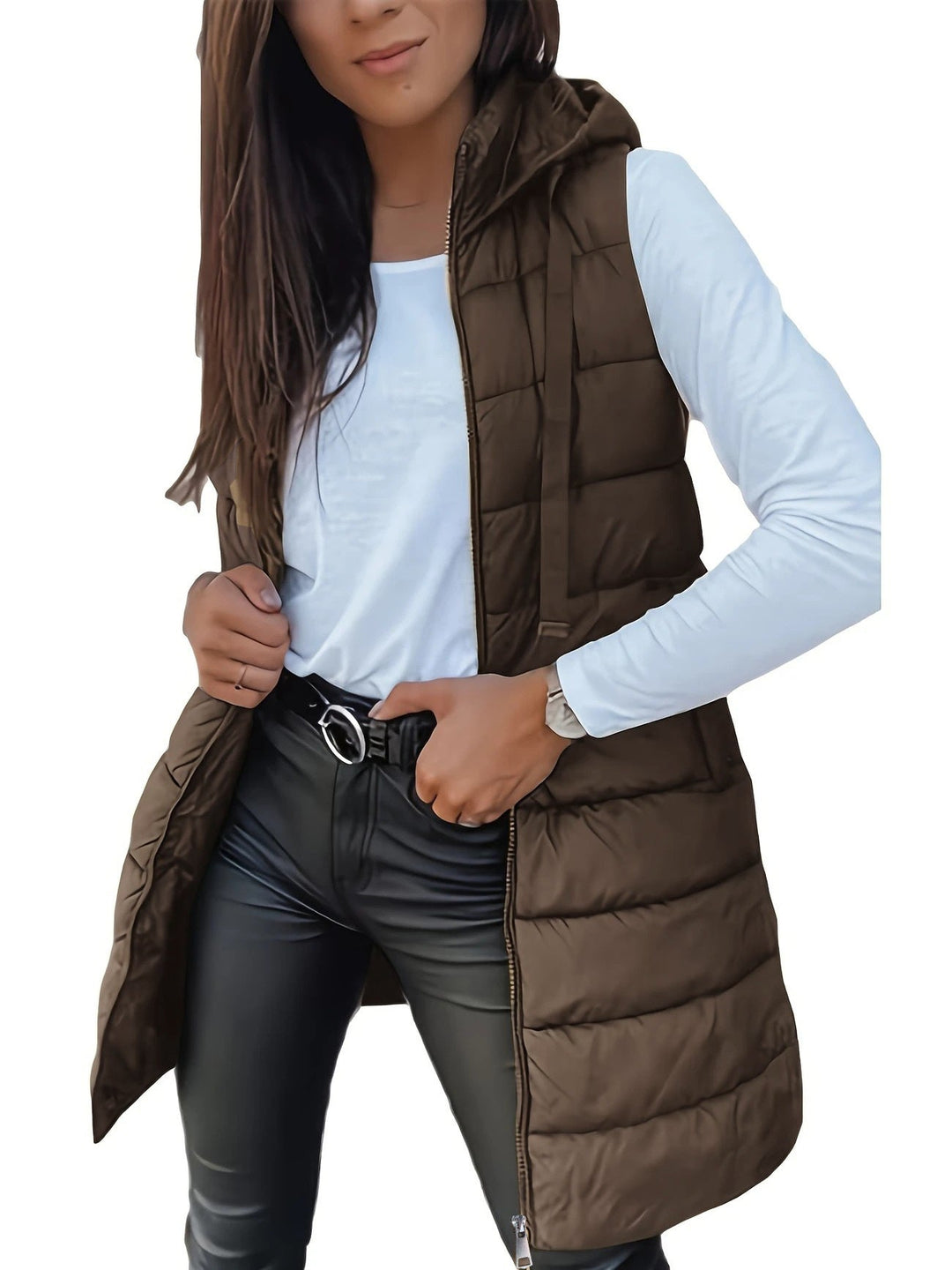 Damen Stylische gesteppte Weste mit Kapuze und langen Schnitt