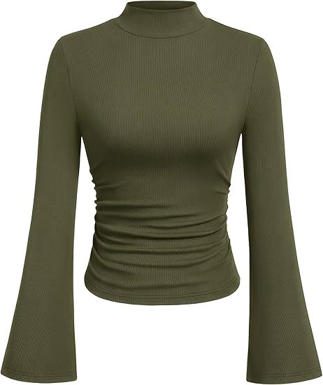 Damen Geripptes Langarm-Top mit Stehkragen, Trompetenärmeln und tailliertem Schnitt Shop Nory
