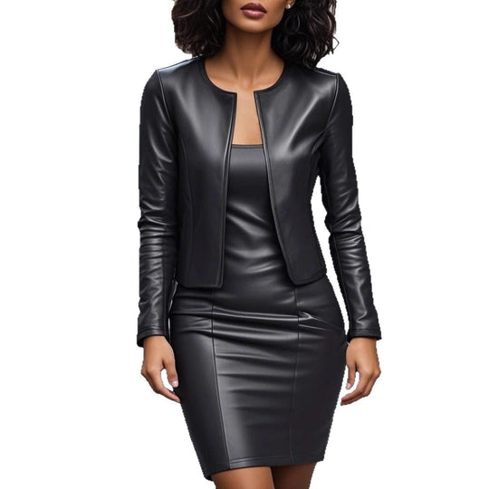 Damen Kunstleder Blazer und Kleid Set