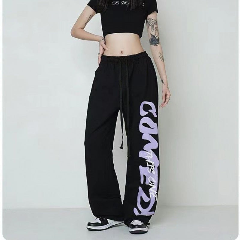 Damen nan weite Lounge-Hose mit elastischem Bund, Kordelzug und markantem Seitengrafikprint Shop Nory
