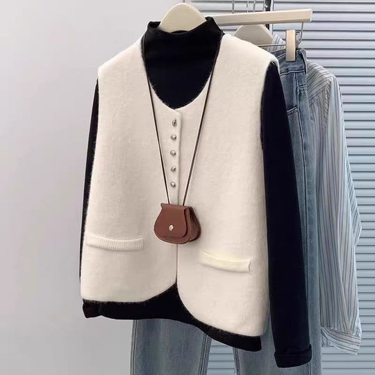 Damen Kurzgeschnittene Ärmellose Strickweste mit Perlenknopfleiste und aufgesetzten Taschen Shop Nory
