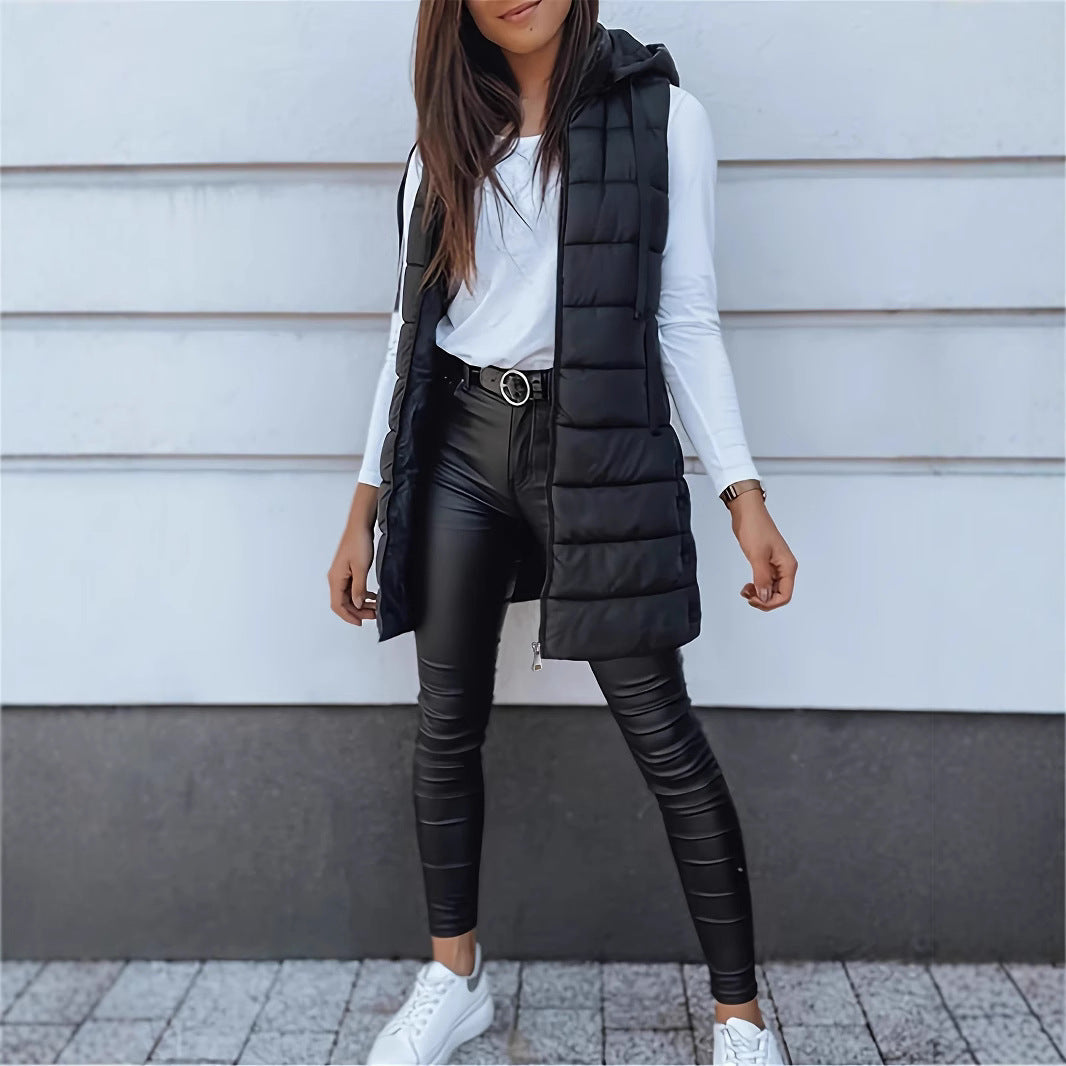 Damen Stylische gesteppte Weste mit Kapuze und langen Schnitt