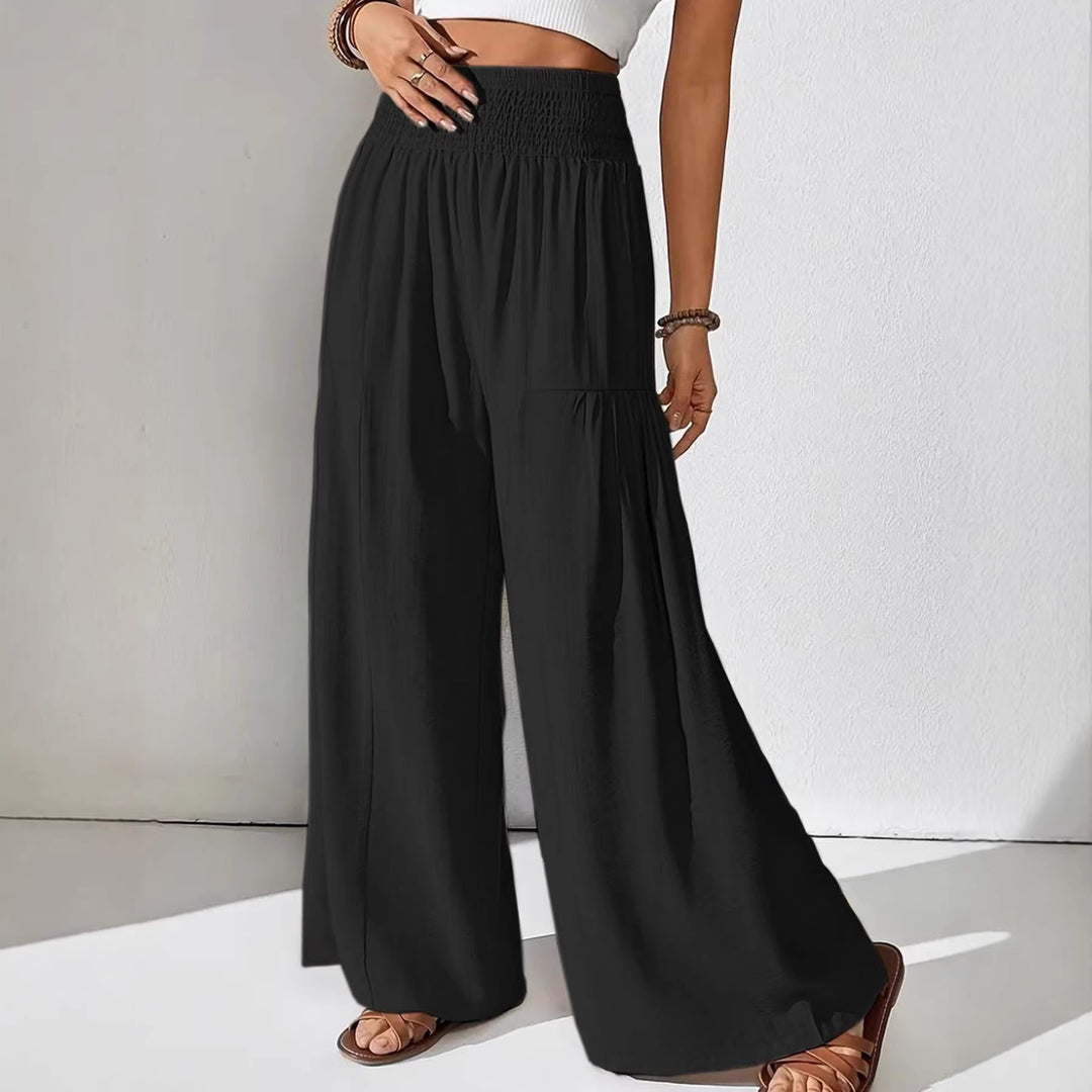 Damen weite Palazzo-Hose mit gerafftem Smock-Bund und Stufendetails Shop Nory