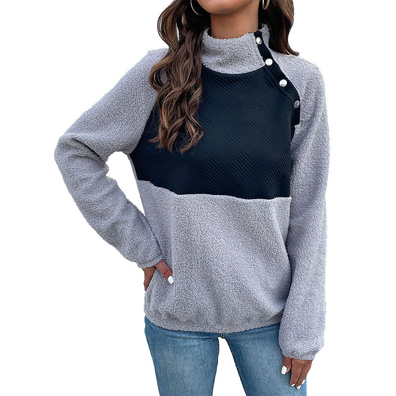 Damen Kuscheliger Teddy-Fleece-Pullover mit Stehkragen und Druckknopfleiste Shop Nory