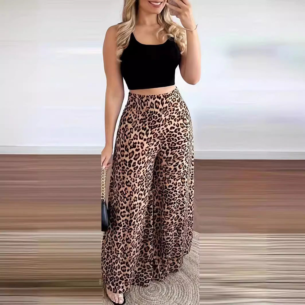 Damen Weitbeinige Tiermuster-Hose mit hohem Bund