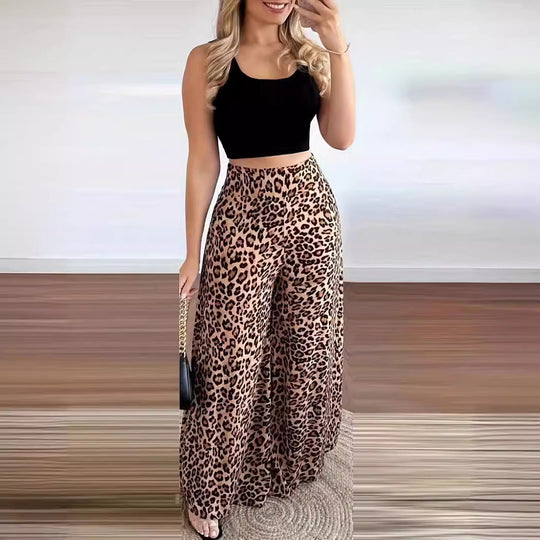 Damen Weitbeinige Tiermuster-Hose mit hohem Bund