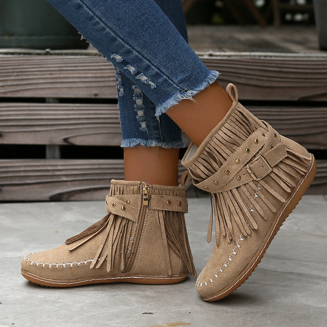 Damen Mokassin-Shortboots mit Fransen, Ziergürtel und handgenähter Mokassinnaht Shop Nory