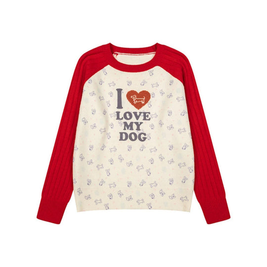 Damen Gestrickter Raglanpullover mit Herz‑Hundemotiv, Rippärmeln und Allover-Print Shop Nory