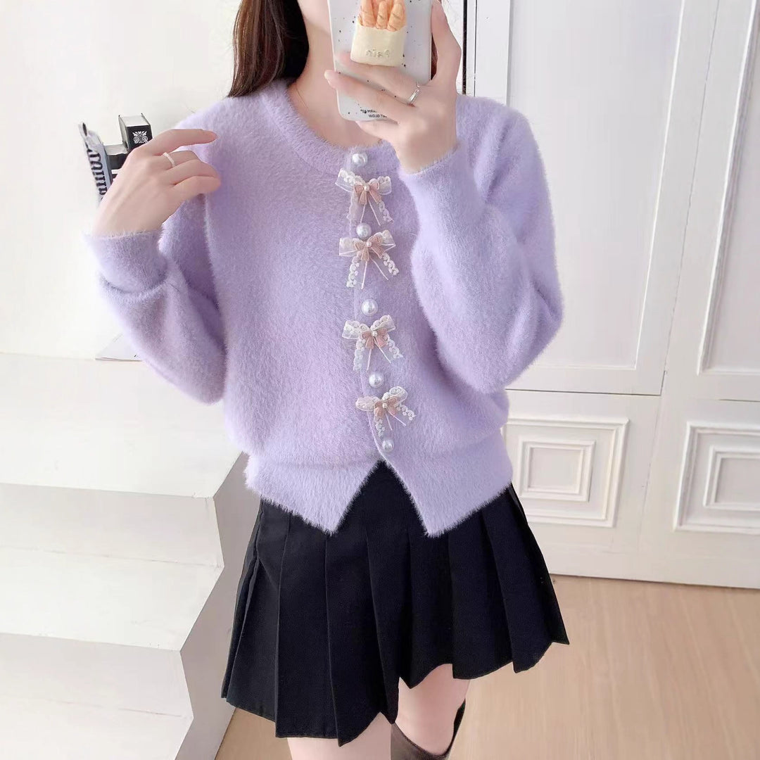 Damen Flauschige Strickjacke mit Perlen und Rüschendetails Shop Nory