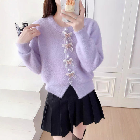 Damen Flauschige Strickjacke mit Perlen und Rüschendetails Shop Nory