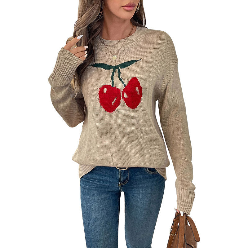 Damen Strickpullover mit Kirschen-Intarsie, Rundhalsausschnitt und legerem Oversize-Schnitt Shop Nory