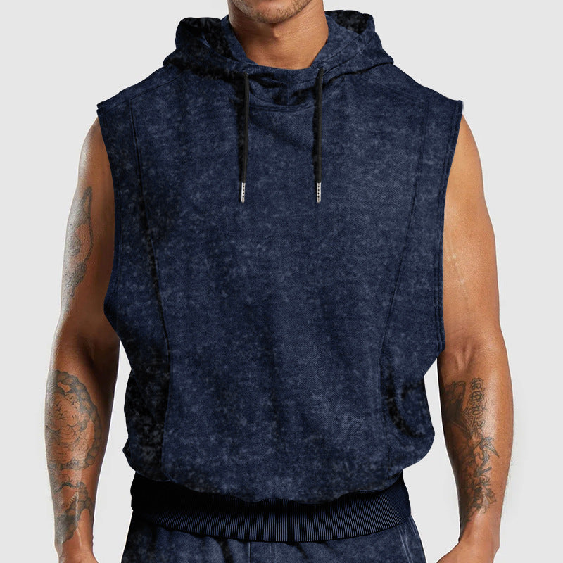 Herren nan ärmelloser Kapuzenpullover in Steinwasch-Optik mit tiefem Armausschnitt und geripptem Bund Shopnory