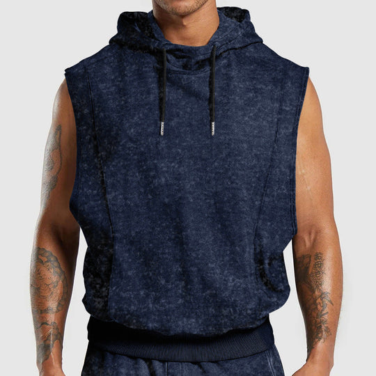 Herren nan ärmelloser Kapuzenpullover in Steinwasch-Optik mit tiefem Armausschnitt und geripptem Bund Shopnory